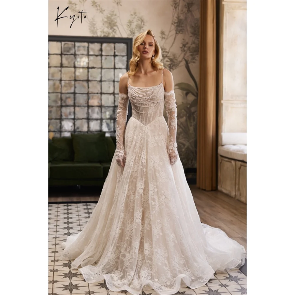 

Kyoto Customized White Spaghetti Strap Wedding Dress Detachable Sleeves Back Lace-Up vestidos de noiva A-Line Evening Dress 2026