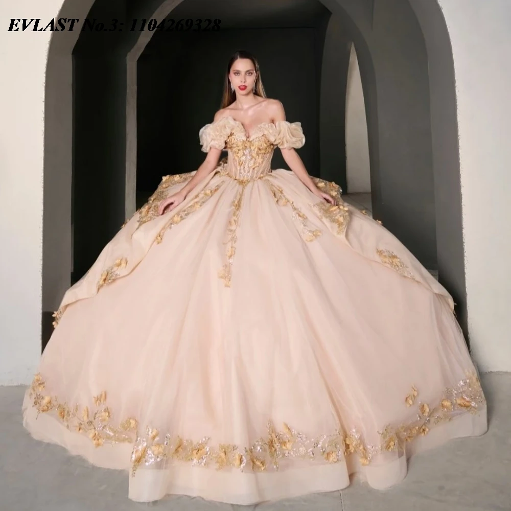 

EVLAST Customized 2025 Pink Quinceanera Dress Ball Gown Gold Floral Applique Beading Tiered Sweet 16 Vestidos De 15 Anos E3Q761
