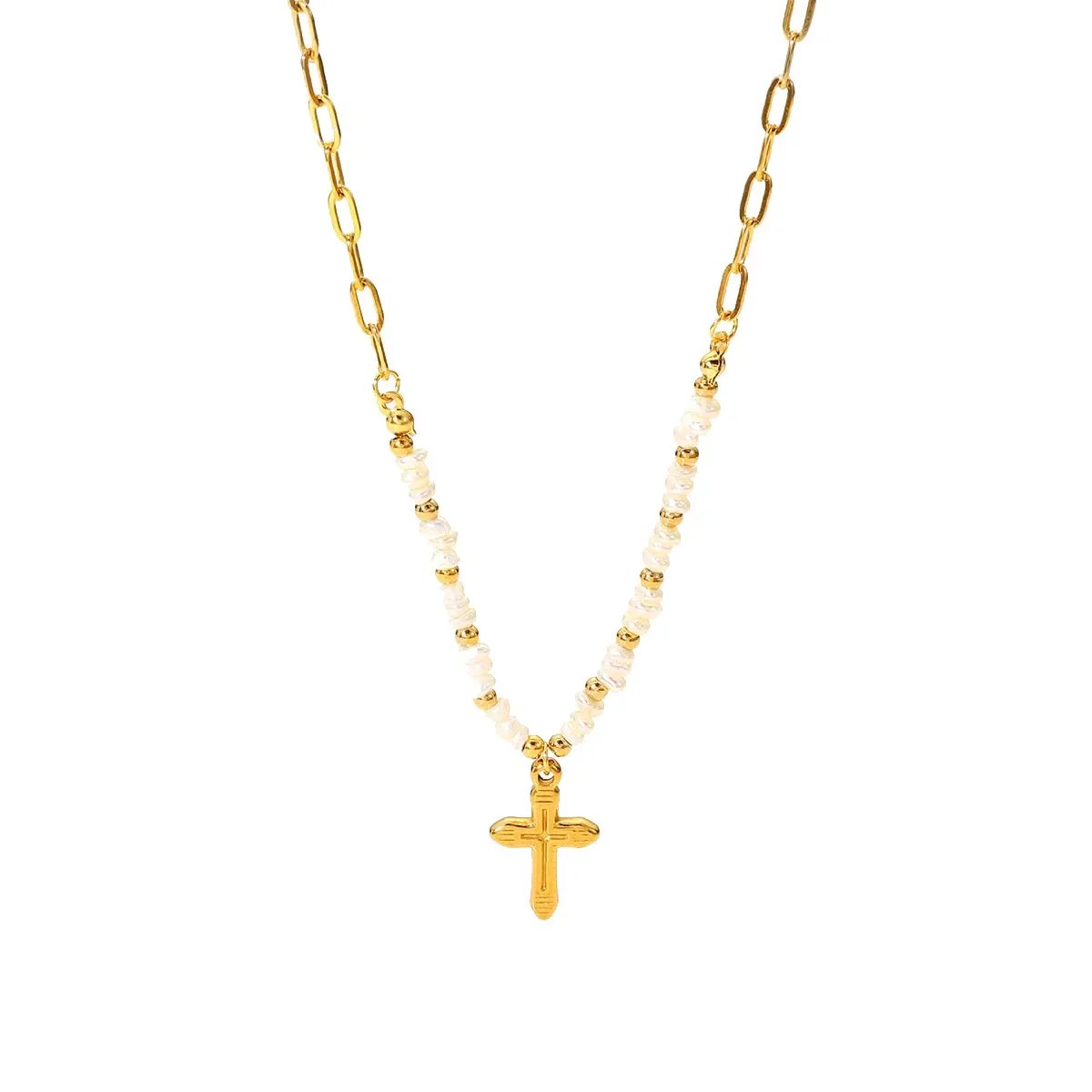 PRISCA | Cross Pearl Necklace for Women. and Girl.Alloy Material. Gold Document.Small and Delicate. French Style. Gifts