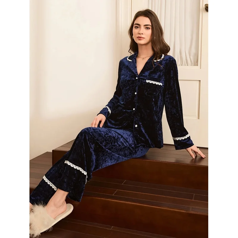 Lace Trim, Lapel, Elegant French Style, Long Sleeve And Pants, Women'S Pajama Set