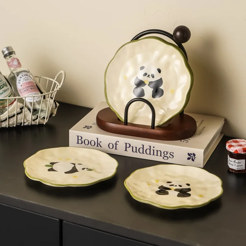High Beauty Panda Ceramic Disc Set Home Bone Spitting Disc with Storage Rack Milk Oil Style Housewarming Gift