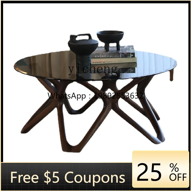 

ZZk Coffee Table round Solid Wood Tempered Glass Small Apartment Living Room Sofa Table Black Walnut Wooden round Table