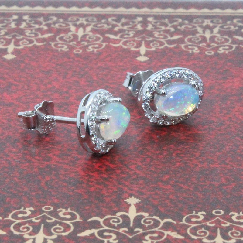 الكلاسيكية 925 أوبال الفضة وأقراط 4*6 مللي متر العقيق الطبيعي الفضة أقراط الحساسية الحرة 18K مطلية بالذهب الأحجار الكريمة والمجوهرات