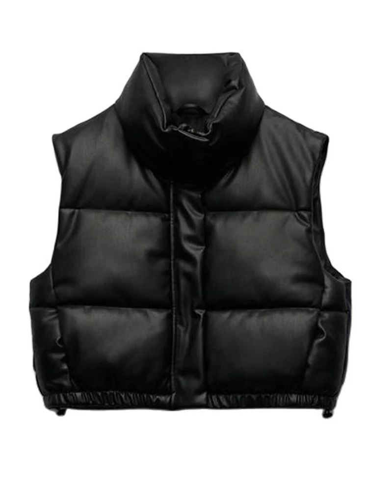 

Winter PU Leather Jacket Vest Women Black Stand Collar Vest Sleeveless Women Zipper Moto Biker AutumnShort Waistcoat Ladies