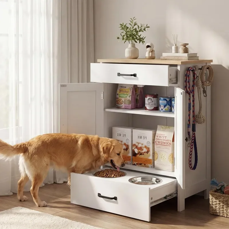 Elevated Stainless Dog Bowls Feeding Station for Food Storage White Wood