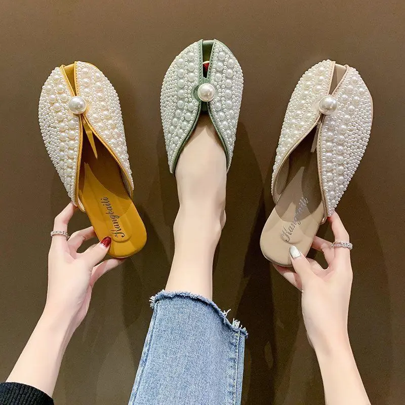 Slippers Summer New 2022 Fashion Rhinestone Home Women\'s Mules Shoes pearl Luxury Designer Flat Low Sandals Woman House