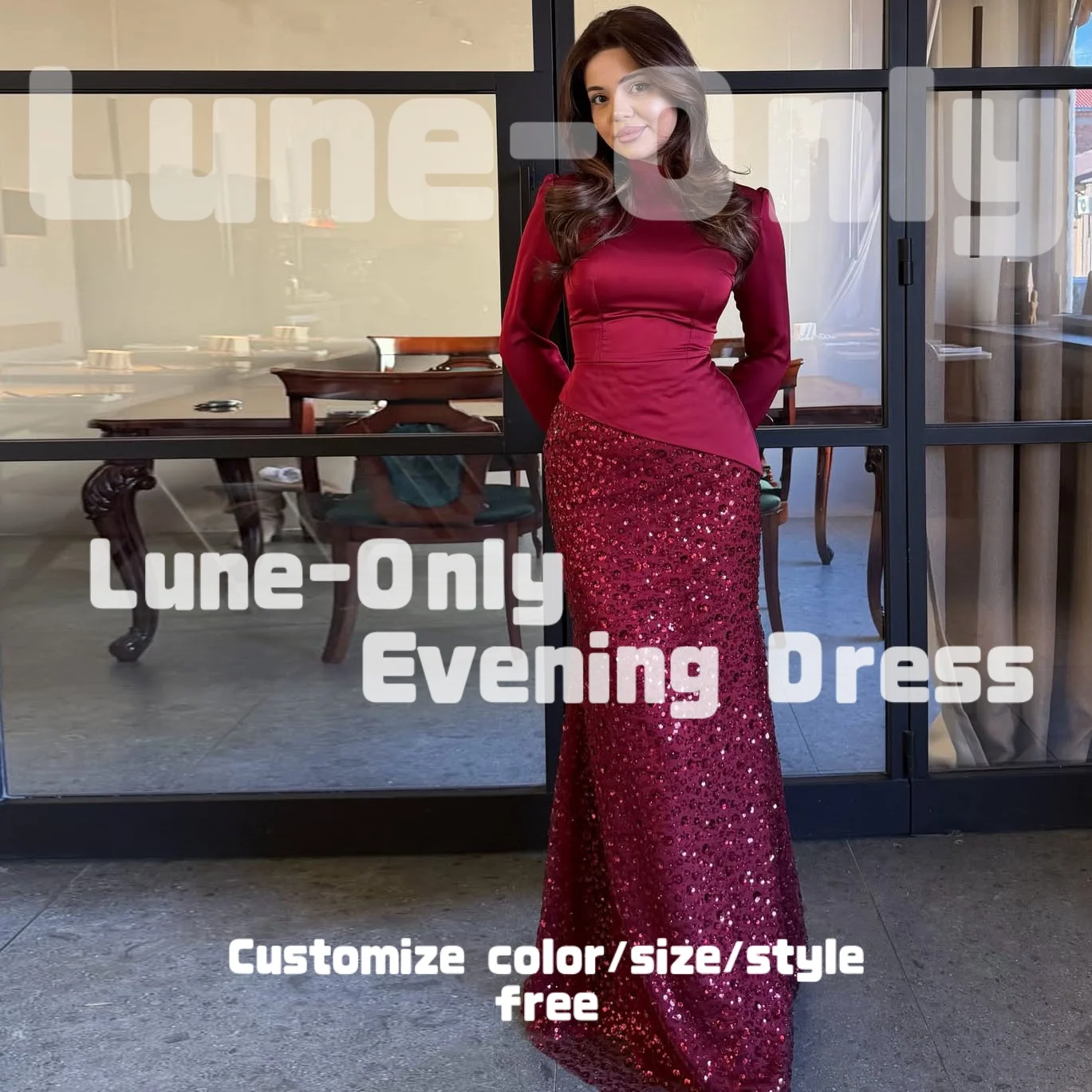 

Customized Burgundy Long Sleeves Luxury Floral Sequin Evening Dresses For Formal Occasion Luxury Prom Dress Party Gown