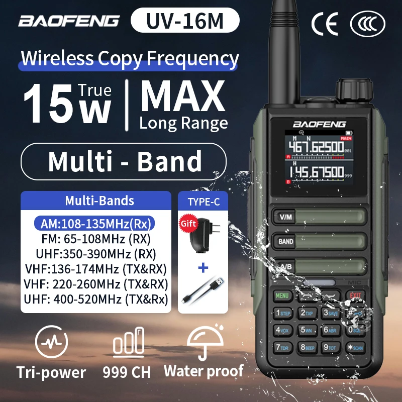 BaoFeng UV16M Walkie Talkie Multi-band AM Waterproof High Power Long Range Two Way Portable Ham Air Radio UV5RH UV16 Plus Update