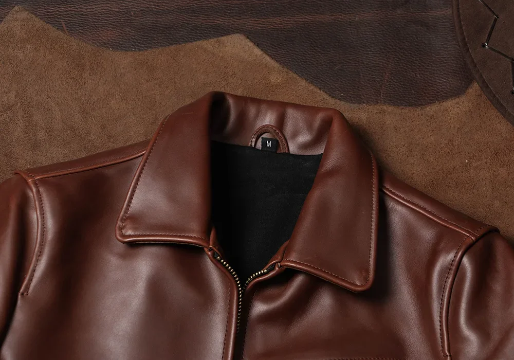 Veste vintage en cuir véritable pour homme, col à revers, veste de moto en cuir de vachette teint, rap-duty avertir