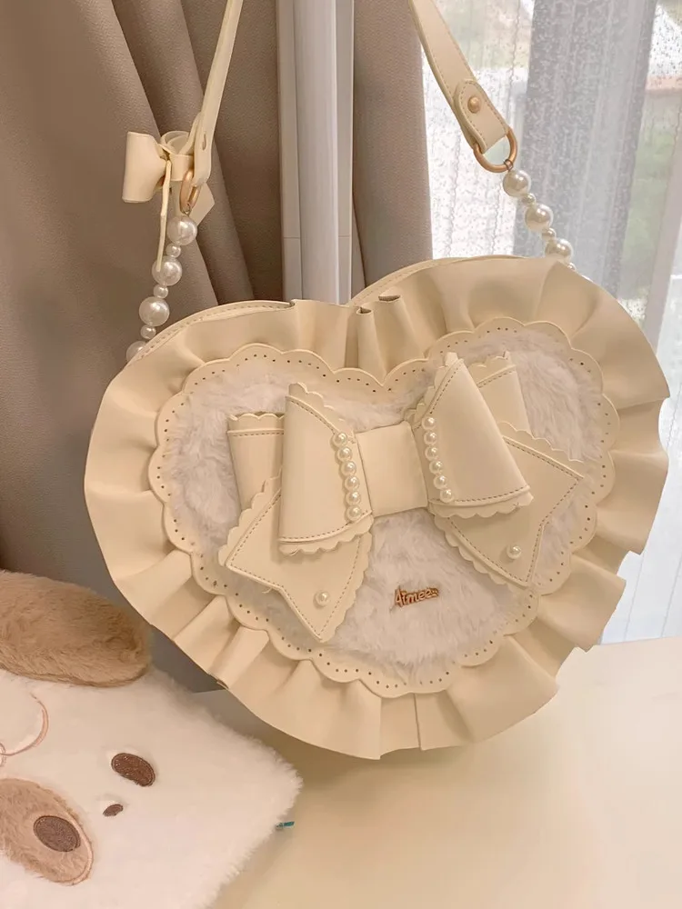 Sweet Pink Heart Shape Lolita Bag With Bow Plush  Original Kawaii Crossbody Handbag For Women Perfect For Sweet Lolita Fashion view 5