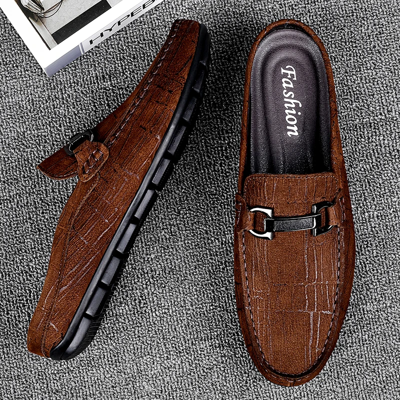 Men Summer Fashion Casual Mules Male Breathable First Layer Cowhide Loafer Slippers Open Back Flat Genuine Leather Half Sandals