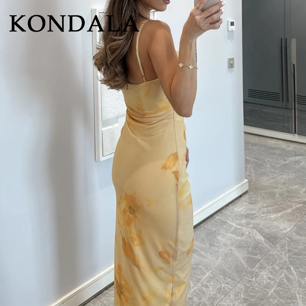 KONDALA 2025 Spring Summer Sexy Mesh Butter Yellow Dress Fashion Streetwear Print Strapless Sleeveless Cami Straight Lady Dress