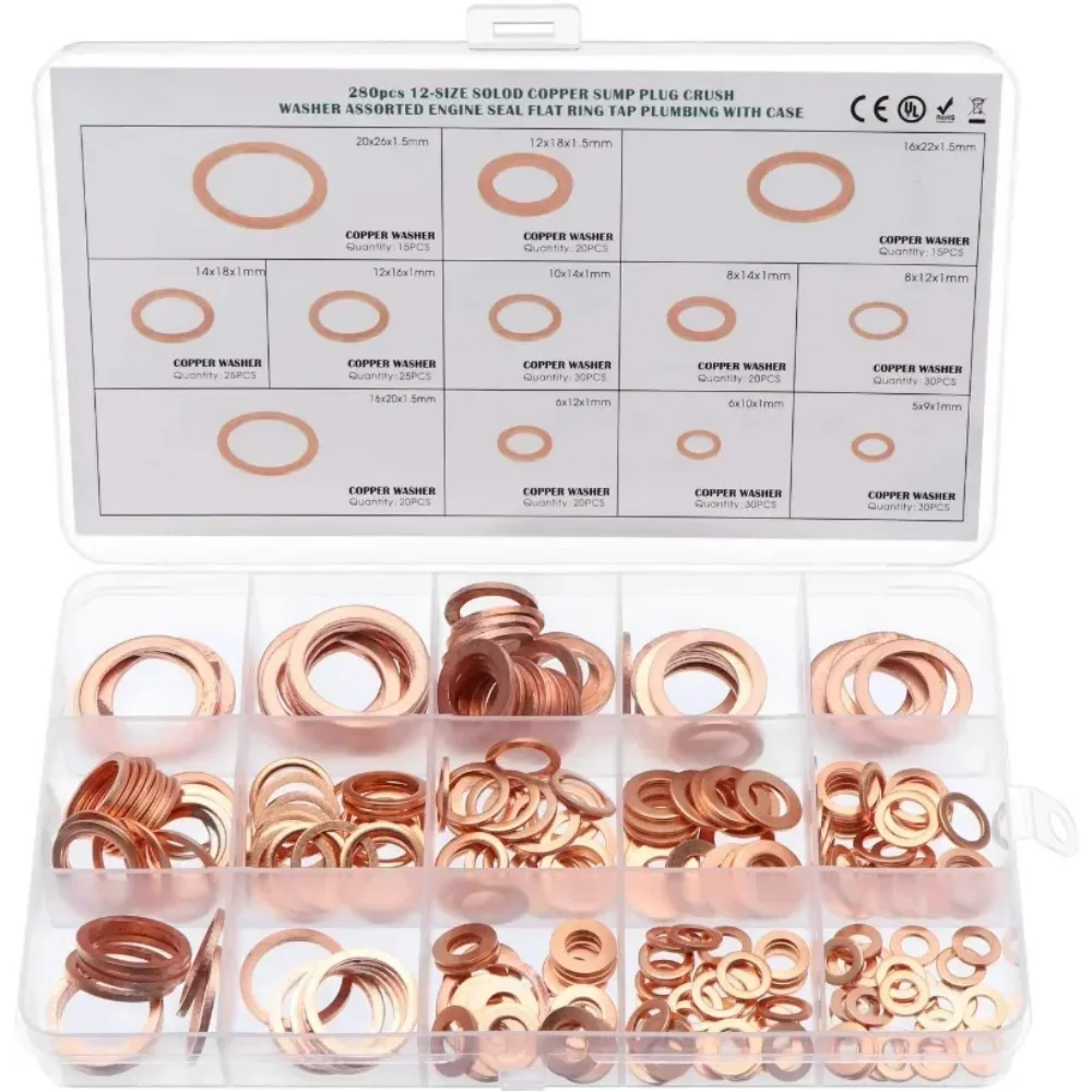 280pcs Screw Washer Hardware Accessories Kit Copper Sealed Solid Washer M5-M20