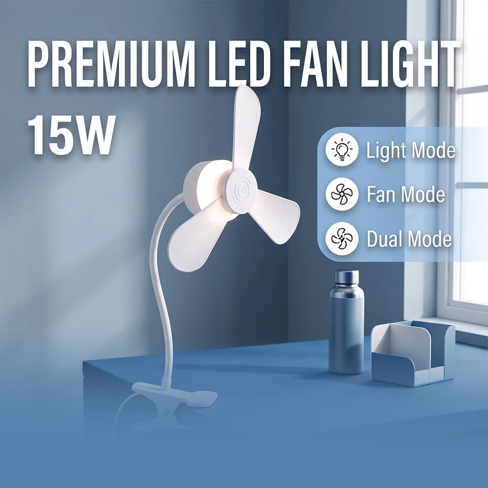 15W Clip On Fan Lamp Non‑Slip Clip 3Blades Highlight Detachable Switch 3gear Segmented Control Dorm Bed Office Table EU/US Plug