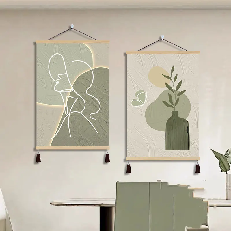 Wall Art Home Decor Cream Style Abstract Figure Painting Hanging Scroll Set of Textured LED Wood for Bedroom Hotel Guesthouse