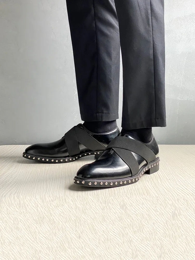 Street Punk Men Breathable Pointed Toe Cowskin Genuine Leather Elastic Band Rivets Thick Bottom Formal Dress Shoes Black Handmad