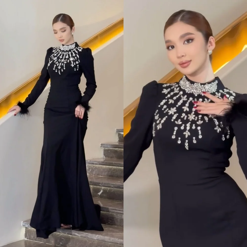 Fashion Jersey Pleat Pattern Rhinestone Straight High Collar Long Dresses Quinceanera Dresses Formal High Quality Exquisite