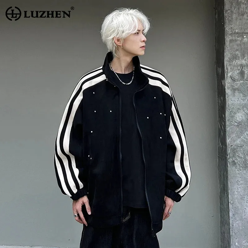 

LUZHEN 2025 Autumn New Streetwear Men's Original Loose Casual Jacket Color Contrast Stripe Pattern Stand Neck Male Coat JY3815