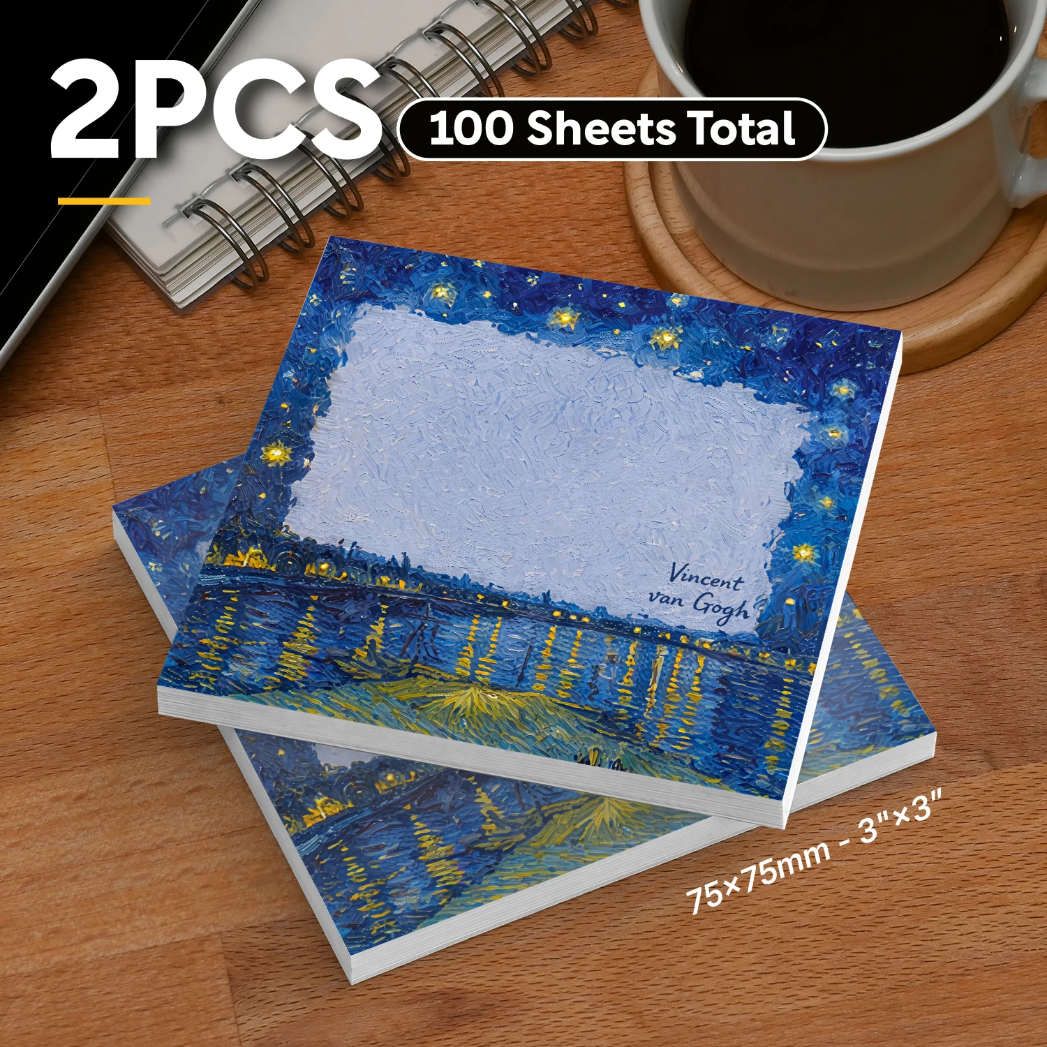 2 Pcs 100 Sheets Total Van Gogh Inspired Starry Lake Sticky Notes, Night Sky Oil Painting Memo Pads, Artistic Self-Adhesive