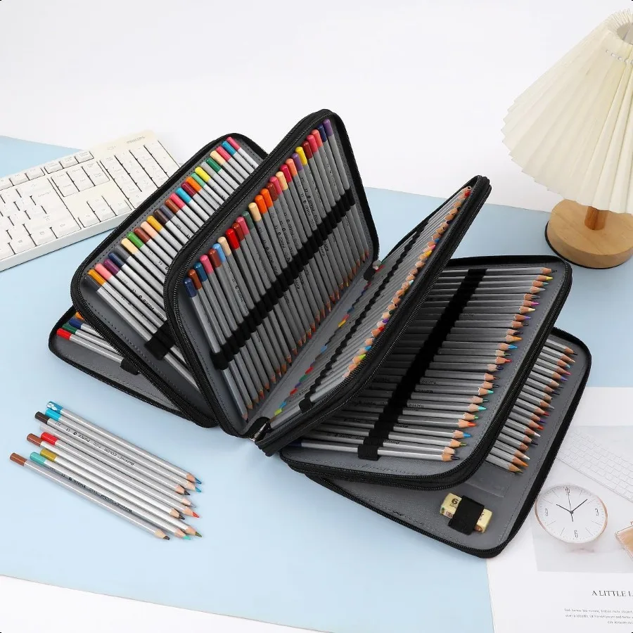 مقلمة ملونة ذات سعة كبيرة 250 فتحة من جلد البولي يوريثان مع سحاب إغلاق منظم محمول لأقلام الألوان المائية مثالية لـ