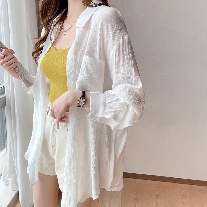 

Women's Lapel Button Long-sleeved Shirt Pure White Sunscreen Shirt All-match Air-conditioning Clothing Cardigan Thin Jacket