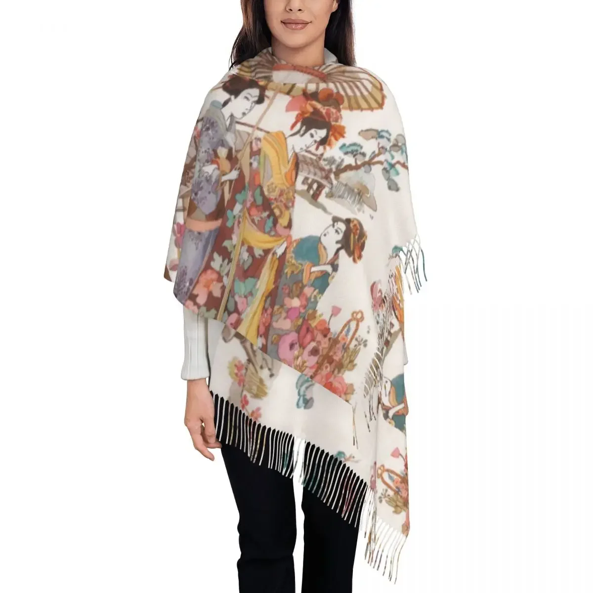 Customized Print Vintage Japanese Geishas Traditional Art Scarf Men Women Winter Fall Warm Scarves Shawl Wrap