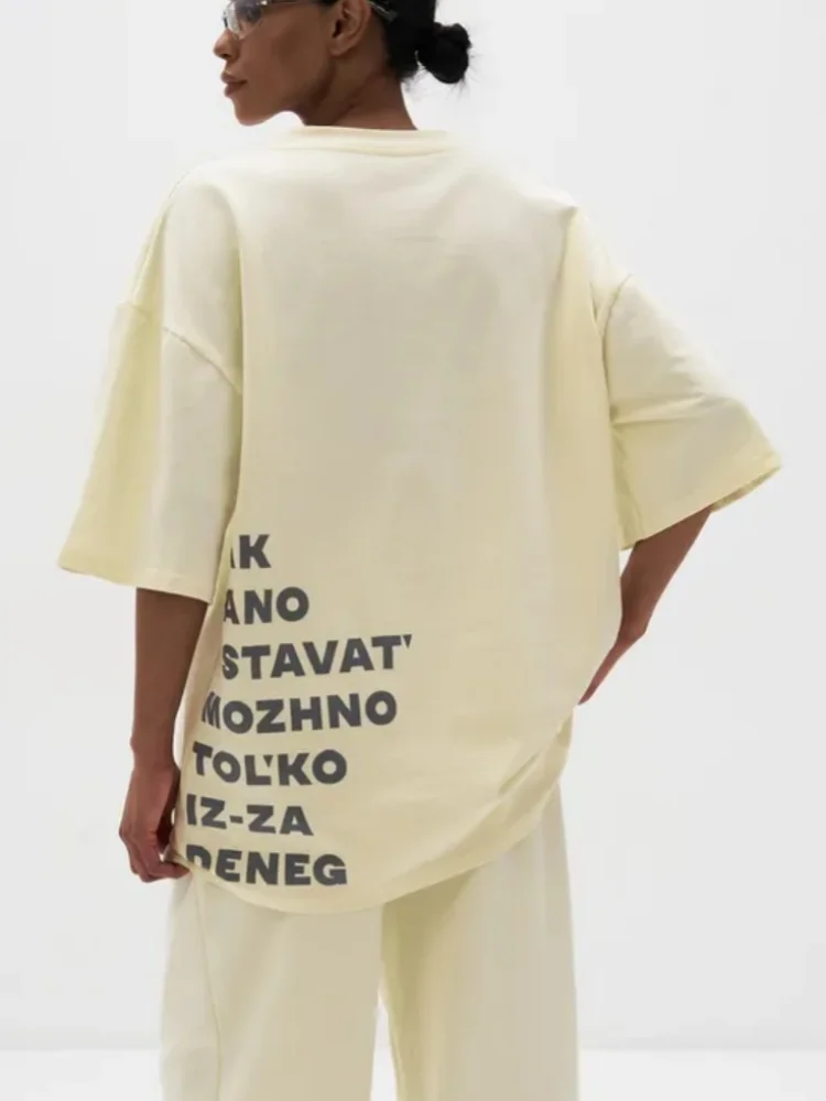 America Fashion Oversize Casual Pure Cotton T-shirt Retro Letter Printed Unique Y2K TOP White Yellow Baggy Casual Young Women