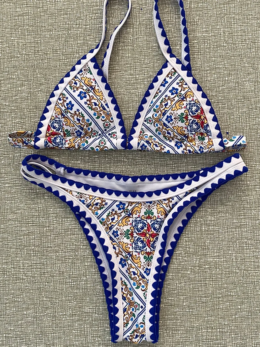 Bikini estampado Vintage para mujer, traje de baño de dos piezas femenino, conjunto de Bikini de corte alto, bañador Sexy, novedad de 2024