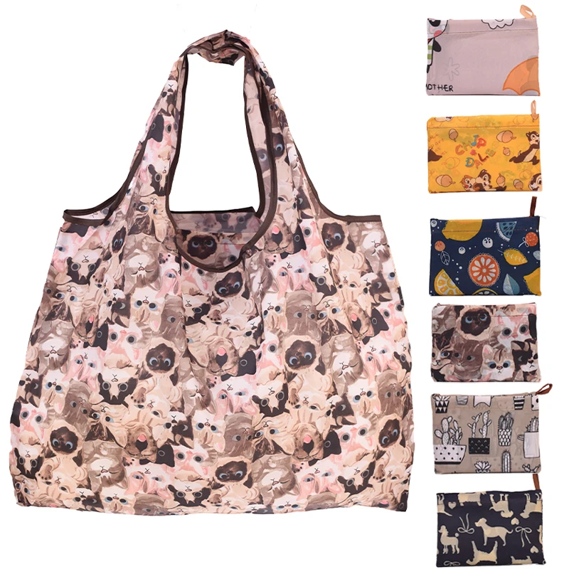 Cat Panda Animal  Flower Pattern Large Folding Shopping Bag Easy to Carry Reusable Large Capacity Eco Storage Handbag