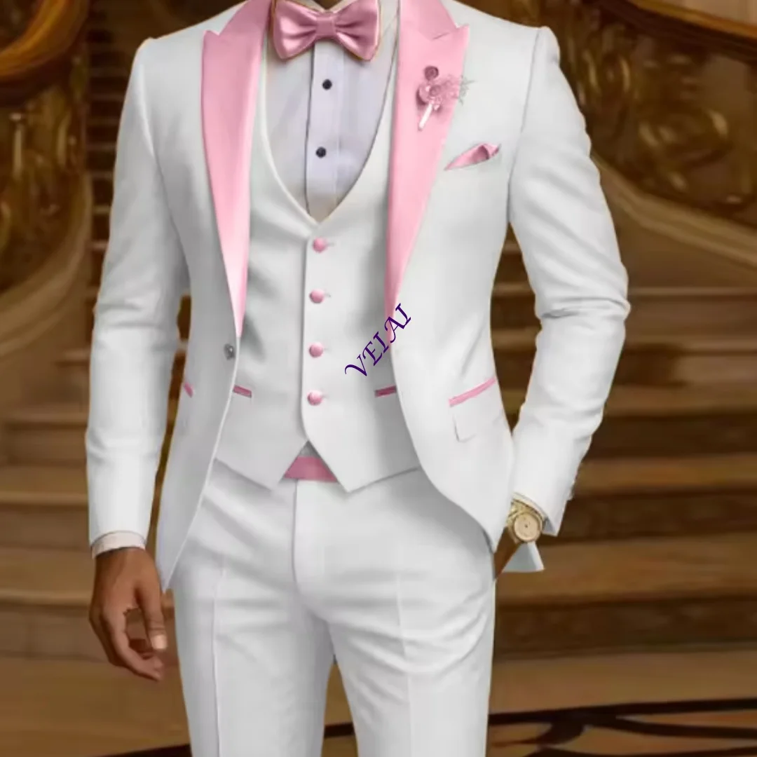 CustomizedMen's 3 Piece Formal Business Suit Slim Fit Peak Lapel Groom Tuxedo Best Man Wedding Party Blazer Vest Pants Set Men O