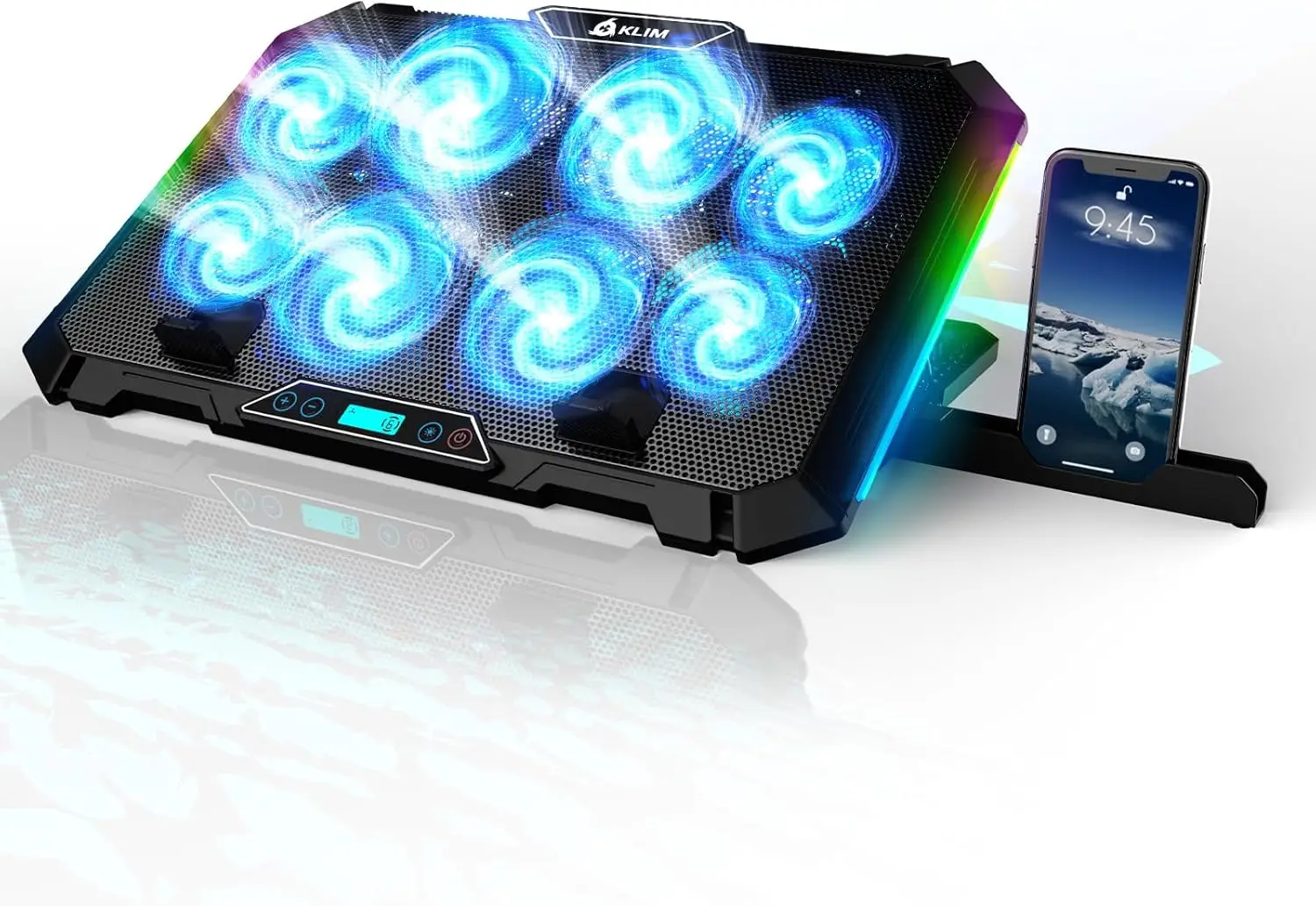 

Охлаждающая подставка для игрового ноутбука с 8 вентиляторами, RGB-подсветкой, USB-портами, держателем для телефона, совместима с ноутбуками до 17 дюймов, гарантия 5 лет