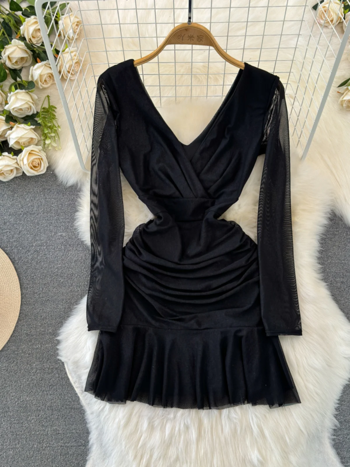 Sexy V-Ne Low-Bust Bal A-Line Skirt Dr Women's Faionable Midi Length Lace Trim Pleated Slimming Me Overlay Dr