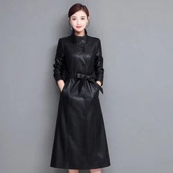 Nouveau Femmes Manteau long en cuir Printemps Automne Mode Décontractée Col montant Simple boutonnage Trench-coat slim Cuir fendu Vêtements d'extérieur