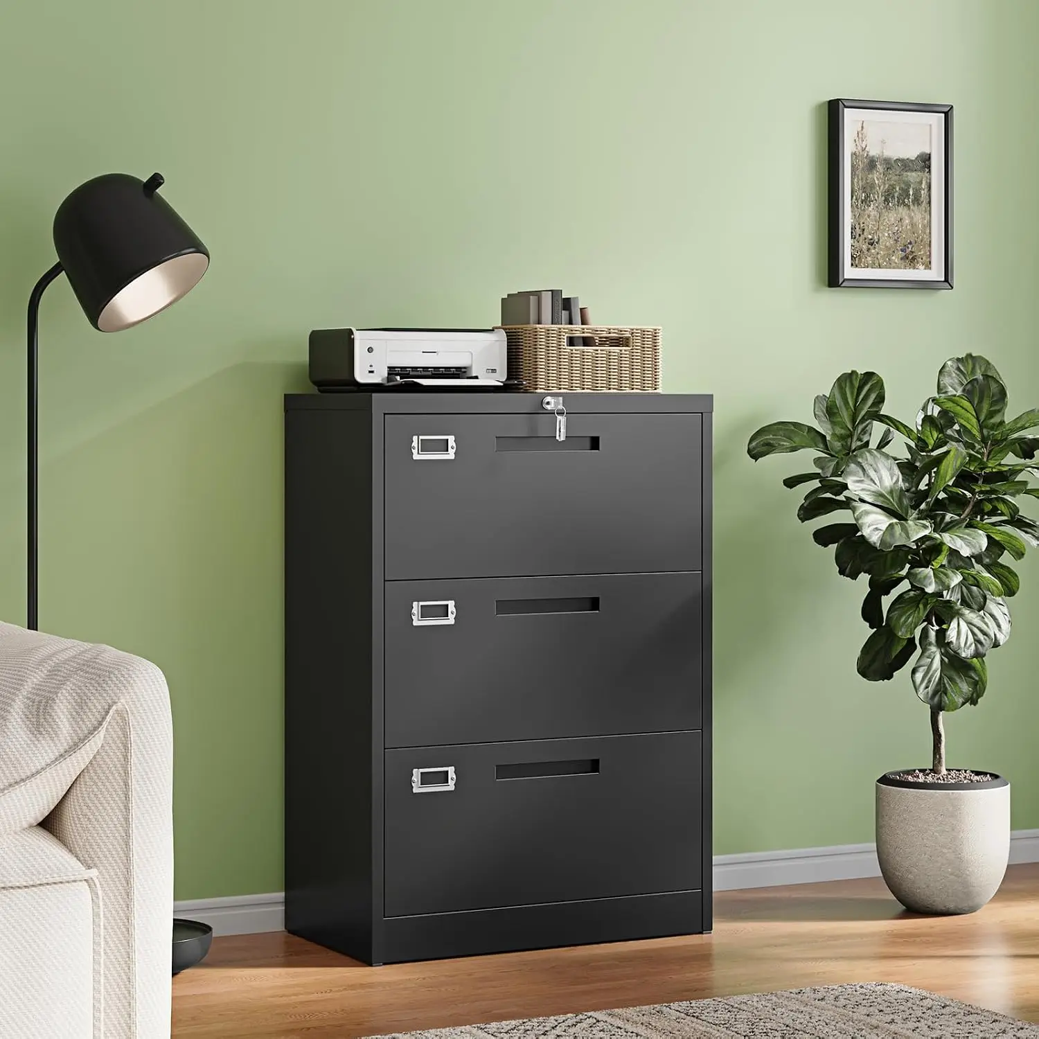 3-Drawer Metal File Cabinet with Lock, Printer Stand Office Storage for Letter Legal A4 Files, H39.84W28.35D15.74, Customized