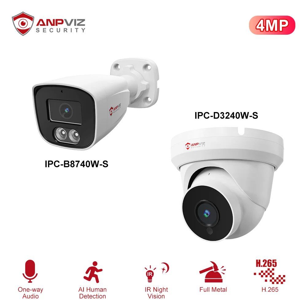 Anpviz 4MP PoE POE IP Turret&Bullet Camera Full Metal Outdoor Security Camera Night Vision 50ft IP66 110° Wide Angle H.265 NDAA