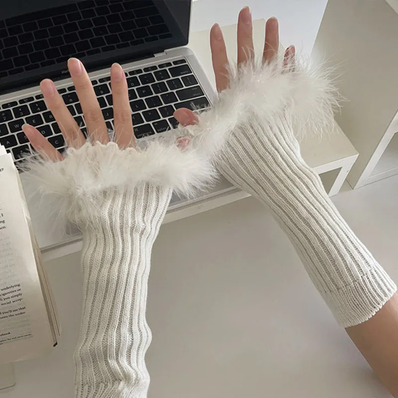 

Women Fingerless Gloves Y2k Vintage Feather Lace Mittens Female Winter Furry Warm Soft Cold-proof Gloves Costume Party Gifts