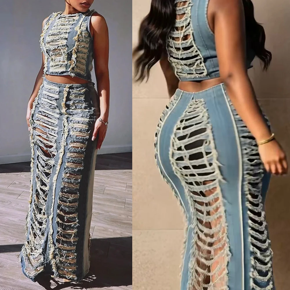 Fashion Tassel Outfits Women Ripped Denim Skirt With Slit Jeans Woman Vest Tank Top and Straight Long Maxi Skirts Set for Ladies