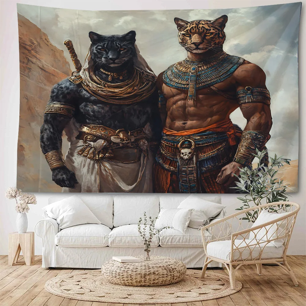 Egyptian mythology, Anubi god, guardian temple, Anubi god and beautiful woman background decoration tapestry