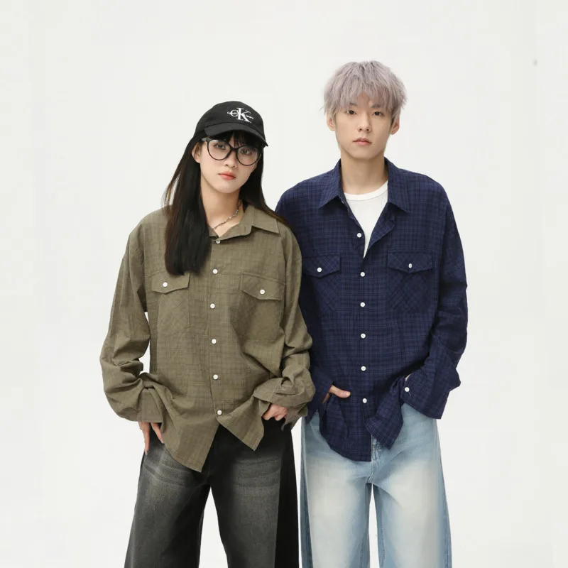 

2025 Spring Men's Shirts Plaid Striped Contrast Color Pockets Niche Tops Long Sleeve Single Breasted Loose Male Shirt