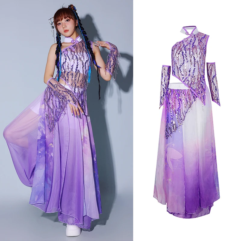 

New Jazz Dance Costumes Kpop Outfit Adult Hip Hop Dancing Set Women Group Performance Suit Purple Cheerleader Costume XH2604