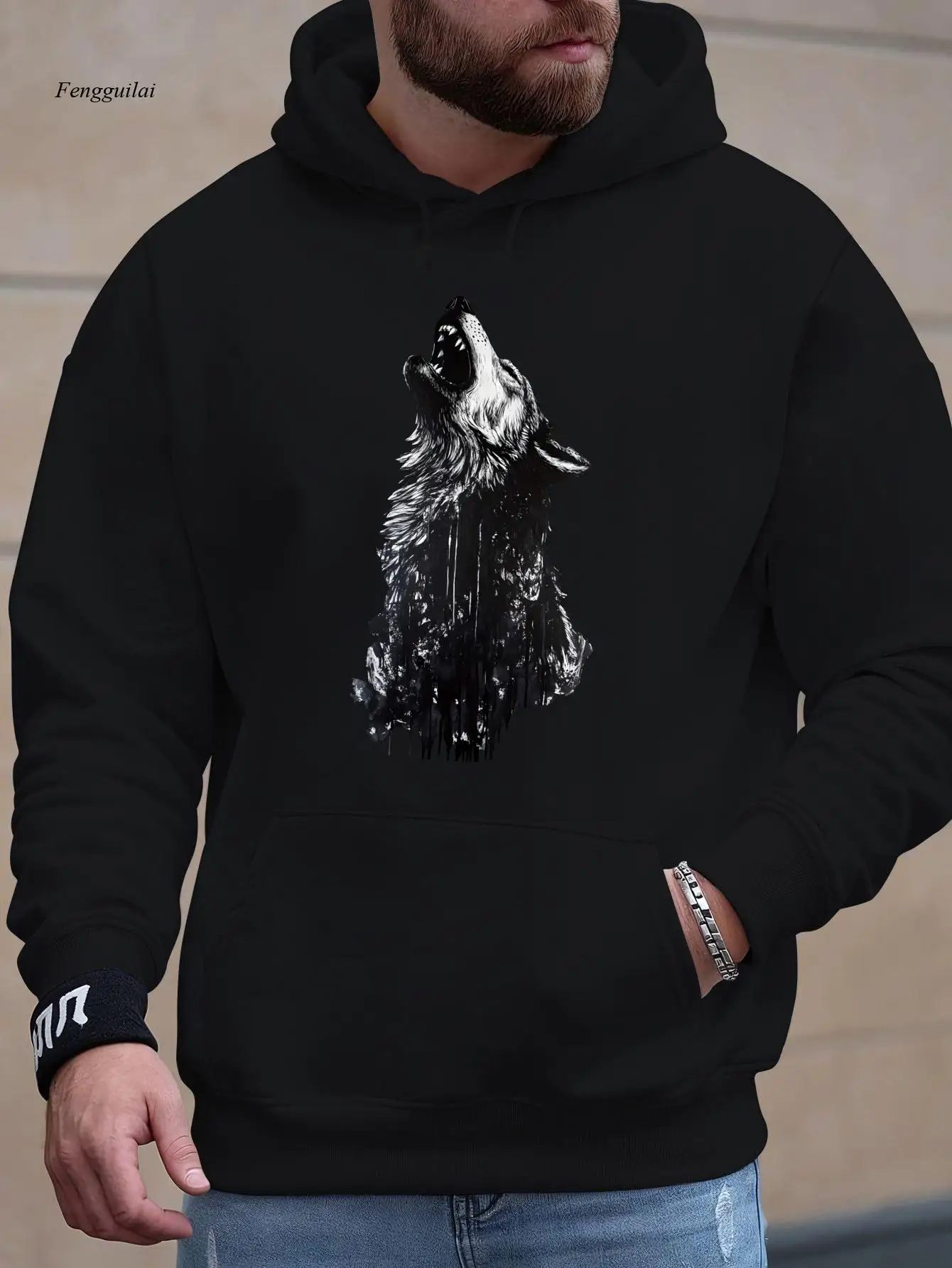 Black Wolf Print Hooded Sweatshirt - White Wolf & Greek Letter Tau(Tau Fraternity) Design, Winter Warm Hoodie