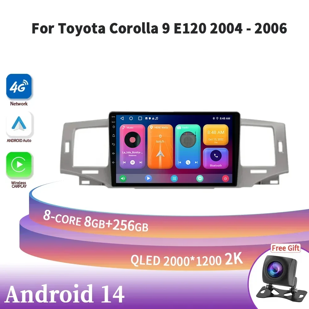 Auto Radio Multimedia Navigation 4G GPS Android 14 Wireless Carplay Stereo Car Screen For Toyota Corolla 9 E120 2004-2006 2 Din