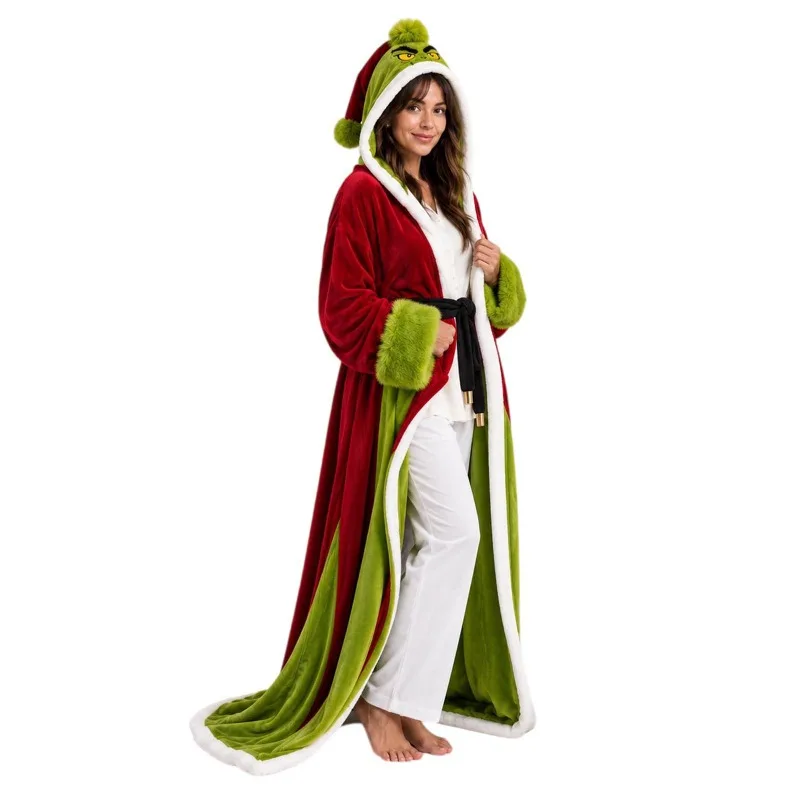 Adult Flannel Hooded Christmas Cape, Heated Fleece Cloak for Xmas Cosplay Party