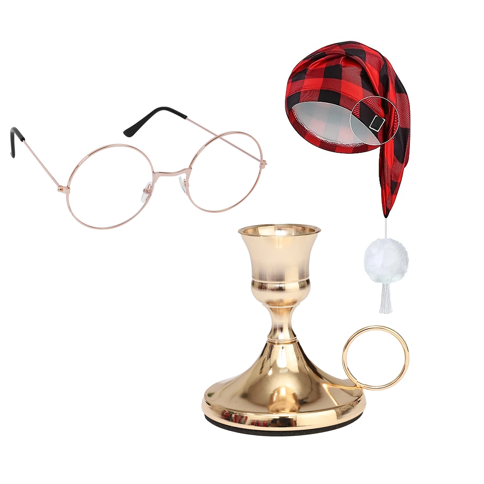 Chapéu de noite xadrez para festival masculino, chapéu com suporte de vela cônico de metal dourado e óculos planos de papai noel para o natal