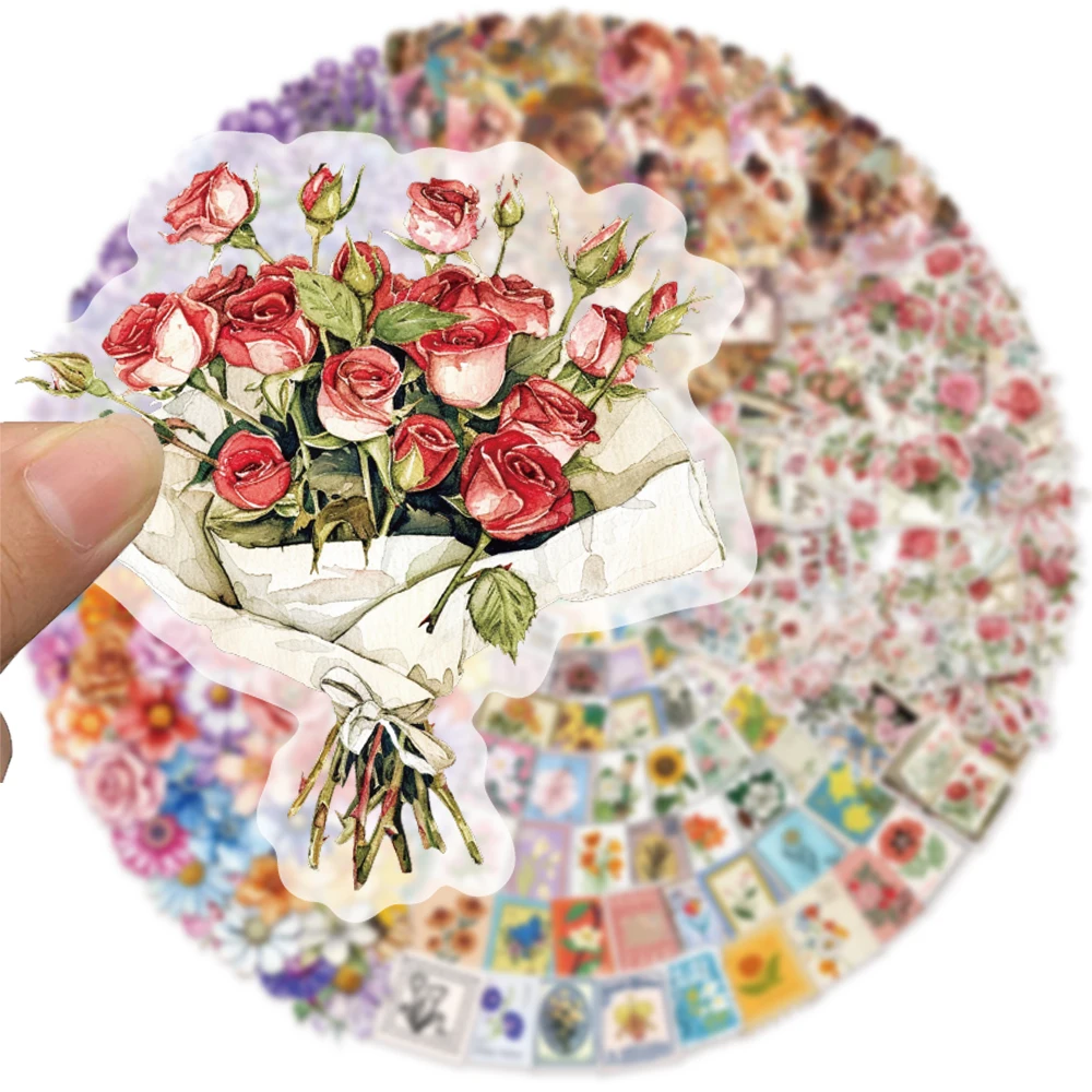 Flower Series 50 Piece Collection PET Material Stickers Retro Envelope Transparent Waterproof Graffiti Decoration DIY