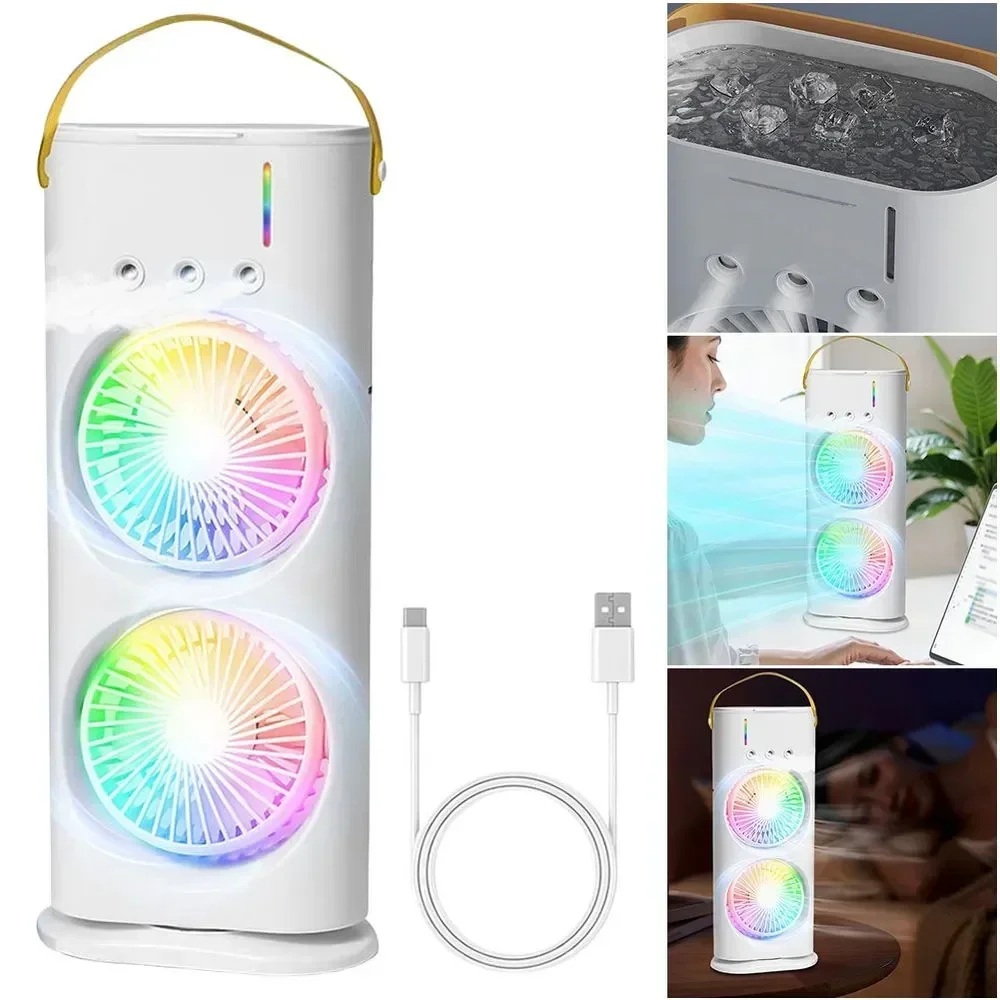 Portable Dual Head Spray Mist Fan 3 In 1 With Led Light 3 Wind Speed Usb Rechargeable For Home Office Travel Camping And Car Use