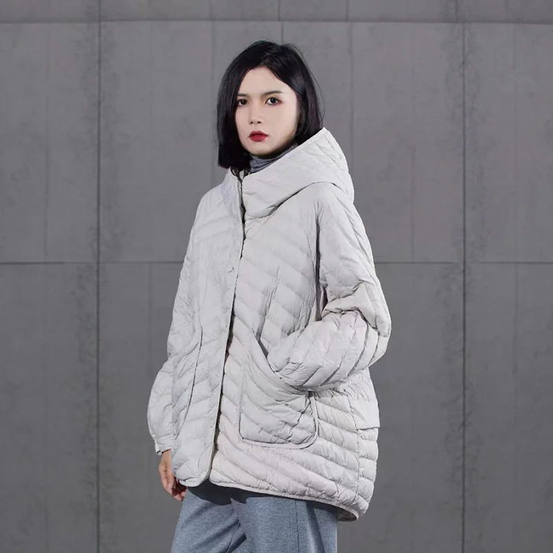 Piumini leggeri con cappuccio da donna, parka con tasche grandi, piumino monocromatico, semplice e casual, cappotti caldi larghi