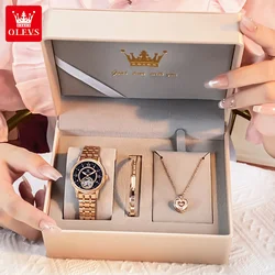 OLEVS 7036 Automatic Mechanical Wrist Watch for Women Elegant Steel Strap Skeleton Starry Sky Diamond Bezel Women's Watches Set