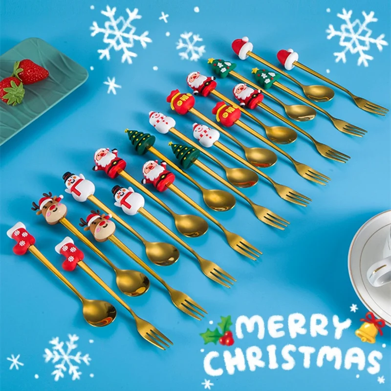 Stainless Steel Christmas Coffee Spoon and Xmas Dinner Forks Set Christmas Tree Elk Tiny Stirring Spoons Party Tableware Gifts