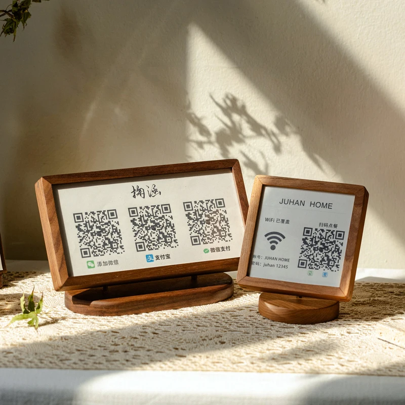 Premium Walnut Wood Code Stand Alipay WeChat Payment Holder Luxury Cafe Countertop Display Handcrafted Money Collection Plate